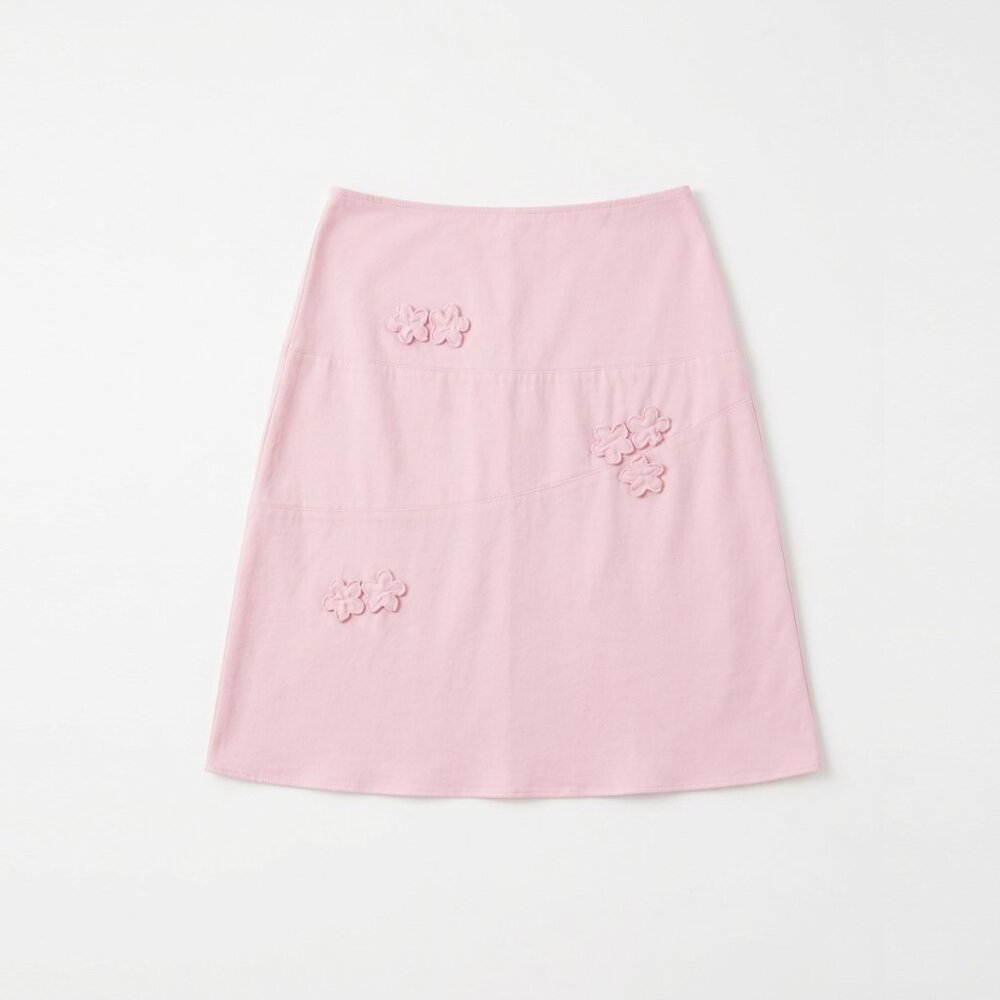 LAURA 🌸 Pink A-Line Skirt - Floral Appliqué - Size 12